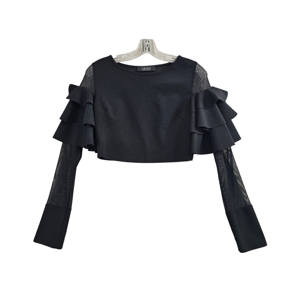 Akira Crop Top‎ Size Medium Black MeshRuffle Sleeve Punk Goth Festival Coachella